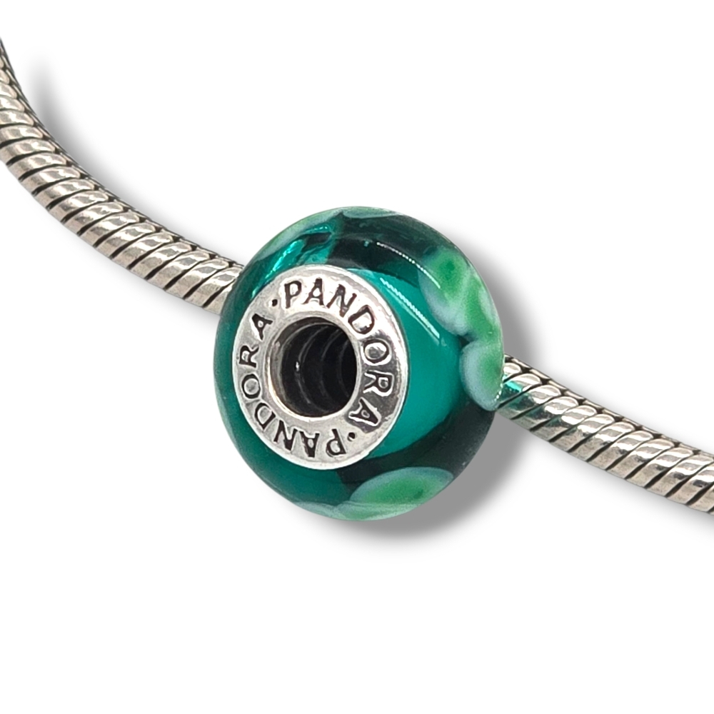 PANDORA Flowers For You Turquoise Green Murano Glass Bead Charm Retired - Picture 4 of 16